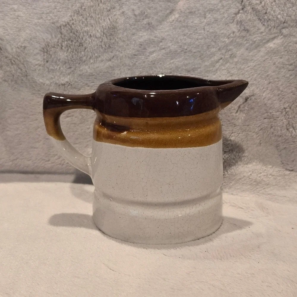 Vintage Stoneware 3/4 Cup Measuring Pitcher Creamer Brown Tan Cream Farmhouse